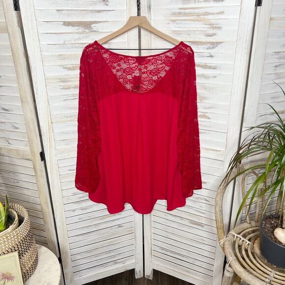 TORRID PLUS 4X 26 Georgette V Neck Lace Sleeve Blouse Top Jester Red NWT Flawed - Picture 13 of 15